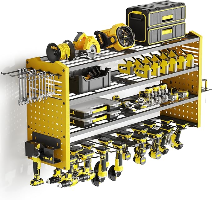 Tomorotec 4-Layer Wall-Mounted Power Tool Storage Rack, Heavy-Duty Steel Drill Organizer with Adjustable Shelves & Side Hooks for Toolbox, Easy Installation Garage & Workshop Storage (Yellow)