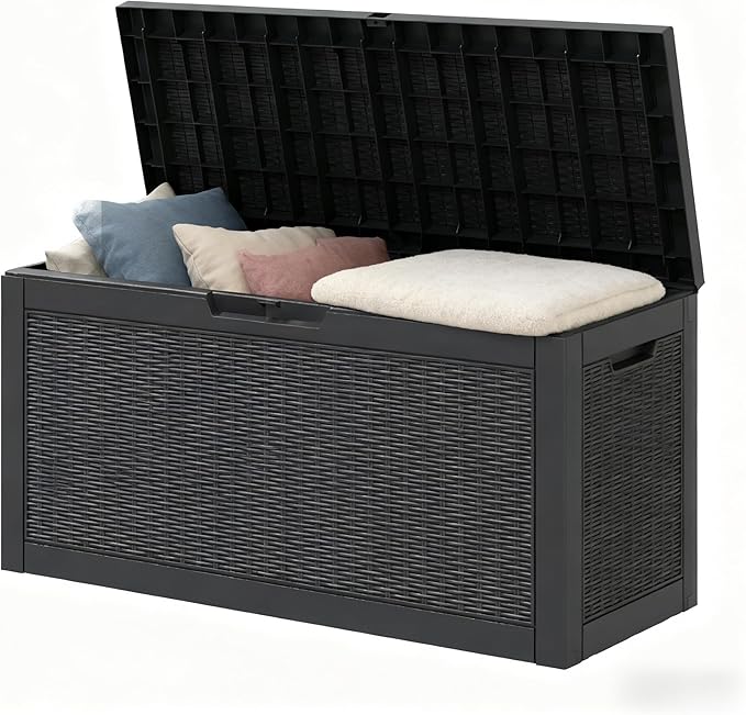 Outdoor Storage Box, Resin Deck Boxes Indoor and outdoor, Waterproof Storage Box Lockable Lid (Black, 60 Gallon)