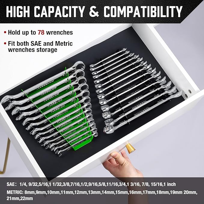 ALOANES 78-Slot Metal Wrench Organizer, Heavy Duty Wrench Organizer Tray for Tool Box, Fit SAE & Metric Wrench Storage, 6 Pack Wrench Holders(Green)