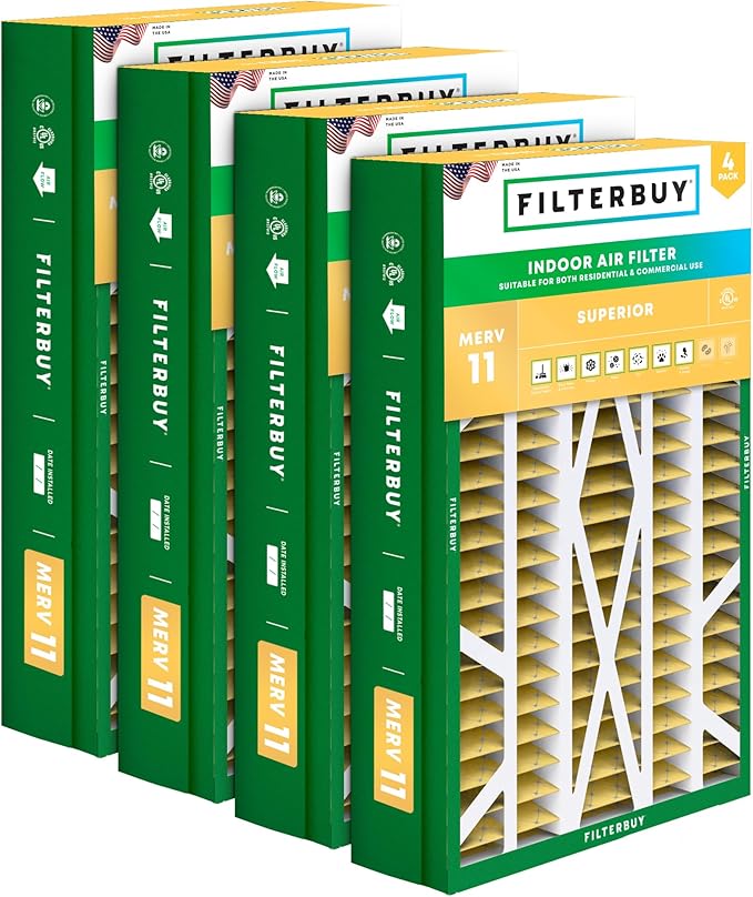 Filterbuy 14.5x27x5 Air Filter MERV 11 Superior Pet & Allergy Defense (4-Pack), Pleated HVAC AC Furnace Filters for Trane, American Standard, Honeywell, and More (Actual Size: 14.06 x 26.13 x 4.97)