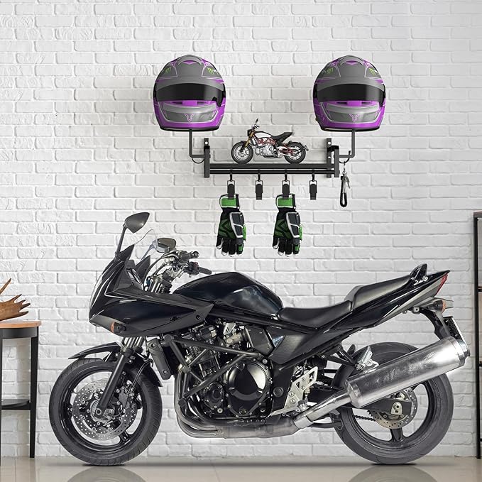 OYEAL Helmet Rack Wall Mount Black Motorcycle Helmet Holder with Shelf, Gear Storage Rack with Hooks, 4 Glove Clips for Motorcycle Accessories
