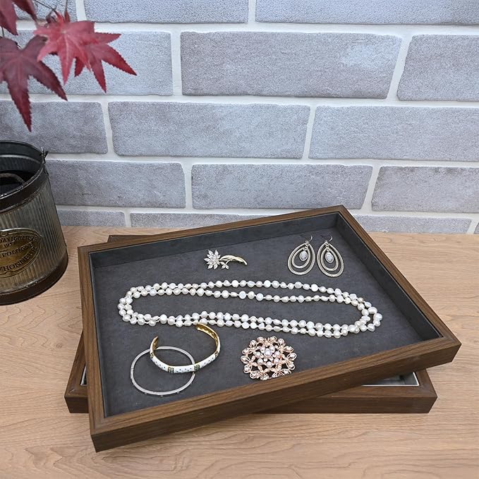MOOCA 2 Pcs Wooden Jewelry Display Tray, Presentation Tray, Organizer for Rings, Necklaces, Earrings, and Accessories, Walnut Color with Grey Suede, 14" W x 9.6" D x 1.2" H