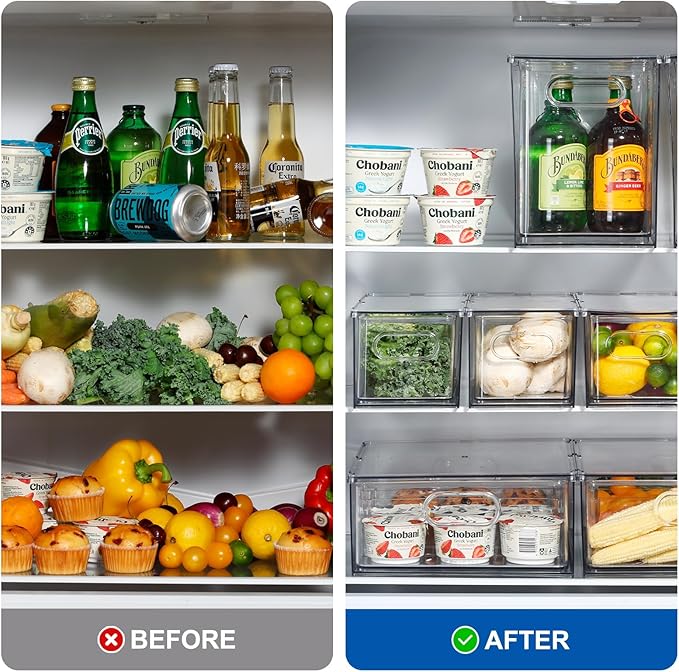 Fridge Drawer Pull Out Stackable Bins, Clear Refrigerator Stackable Organizers, Fridge Organizer Storage for Kitchen, Pantry, Vegetables, Fruits (2 Small)