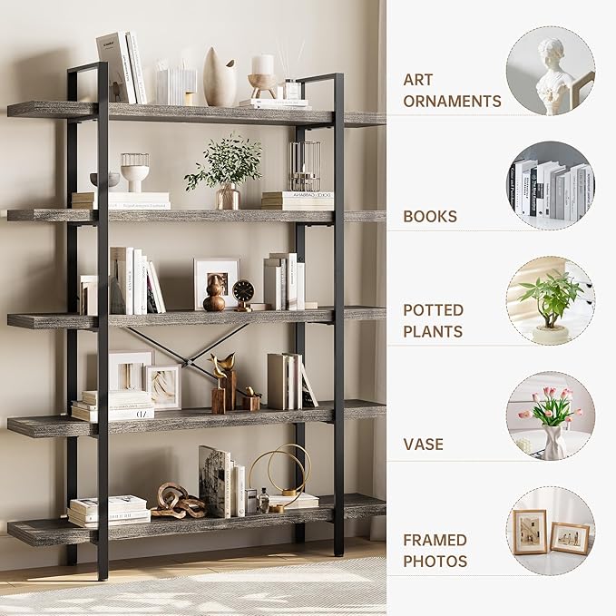 Bookshelf Set, Heavy Duty 5-Tier Industrial Bookcase, 47" Wide Wood Bookshelf for Home Office, 120lbs Shelf Capacity, Rustic Open Display with Horizontal Shelf for Living Room Bedroom, Grey