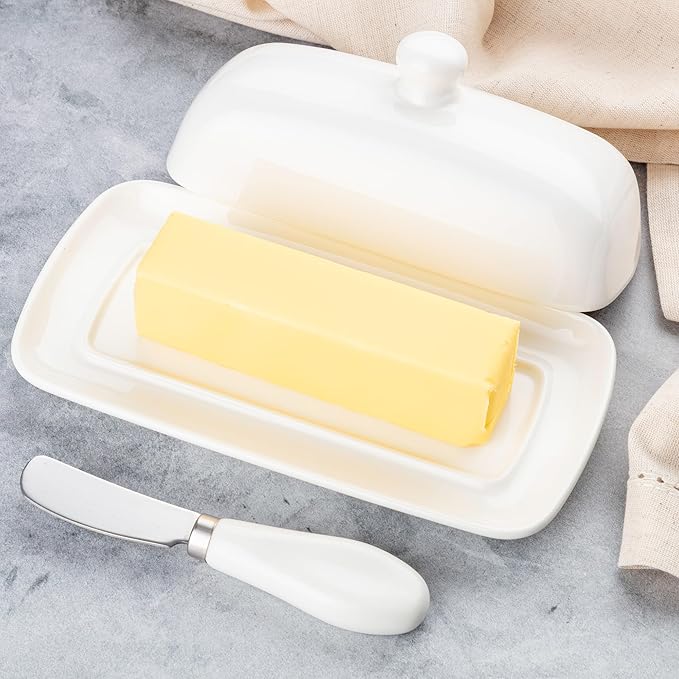 Zulay Kitchen Butter Dish With Lid For Countertop - Porcelain White, Ceramic Butter Dish with Knob Handle Great for Cooking - Elegant Design Butter Holder - Durable & Sturdy Butter Keeper - White