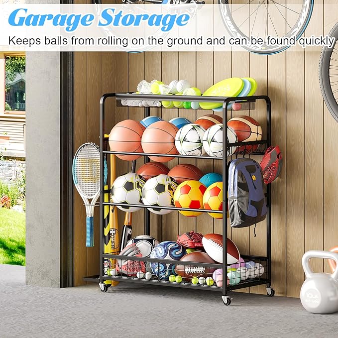 Garage Sports Equipment Organizer,Sports Ball Organizer with Wheels,Basket,Ball Organizer with Baseball Bat Rack and HooksToy Storage Rolling Cart-Black
