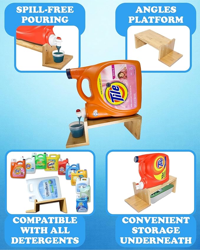 TidyFriend Laundry Detergent Dispenser with Tray & Strap, Laundry Soap Dispenser with Non-Slip Rubber Feet for Washing Room Organization, Easy Pour (Wood)