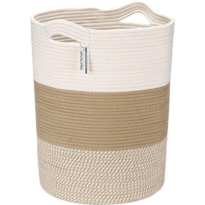 Sea Team Large Size Cotton Rope Woven Storage Basket with Handles, Laundry Hamper, Fabric Bucket, Drum, Clothes Toys Organizer for Kid's Room, 20 x 14 inches, Round Open Design, White & Mottled Khaki