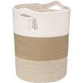 Sea Team Large Size Cotton Rope Woven Storage Basket with Handles, Laundry Hamper, Fabric Bucket, Drum, Clothes Toys Organizer for Kid's Room, 20 x 14 inches, Round Open Design, White & Mottled Khaki