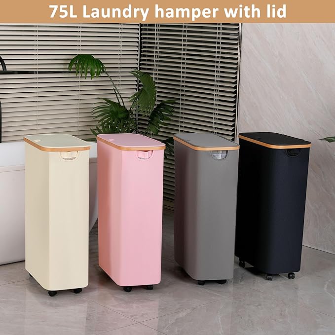 75L Slim Laundry Hamper with Wheels,Clothes Hamper for Laundry,Laundry Basket with Lid & Inner Bag,for Laundry Room, Bedroom, Dormitory Organization,Grey
