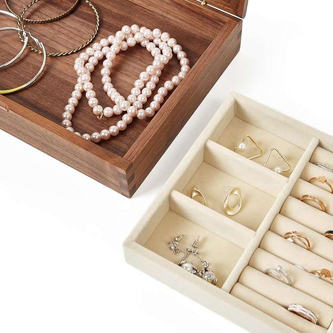 YESWOOD Jewelry Box Organizer, North America Black Walnut Wood Jewelry Boxes for Women for Storage & Display of Necklaces, Rings, Earrings, and Bracelets