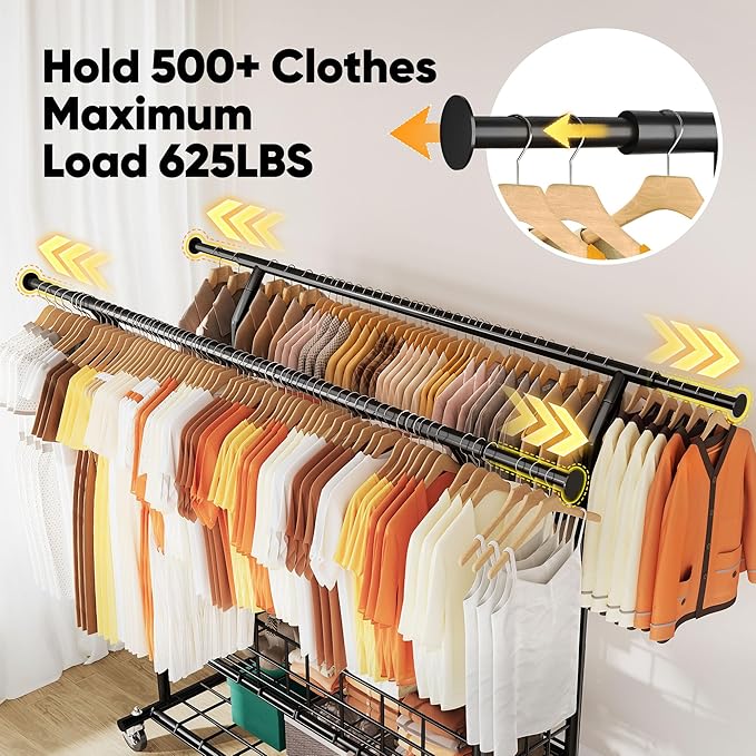 HOKEEPER Heavy Duty Clothes Rack Load 625 LBS, Clothing Rack for Hanging Clothes, Adjustable Black Double Rod with Metal Basket, Portable Rolling Garment Rack with Wheels for Bedroom, Laundry Room