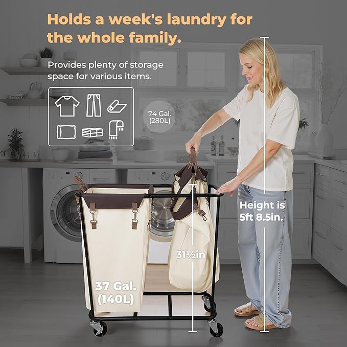 StorageWorks 280L Large Lanudry Hamper with Wheels, Laundry Basket with Wheels 2 Sections, Clothes Sorter Cart with Divider for Hotel, Home, Beige, 1-Pack