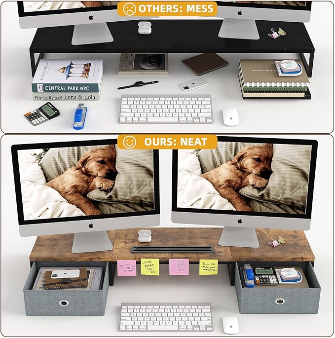 Dual Monitor Stand Riser with 2 Drawers - 39Inch Large Storage Computer Monitor Stands for 2 Monitors, Wooden Desktop Organizer Perfect for Home Office Desk, Computer, Laptop, TV, Rustic Brown