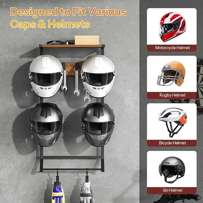 HOOBRO Motorcycle Helmet Rack Wall Mount, Helmet Holder with Hanging Rod, Storage Display Rack with 2 Glove Clamps and 4 Hooks, for Motorcycle Gear and Accessories, Rustic Brown and Black BF02TK01