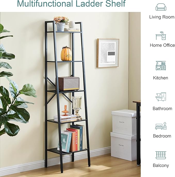 Hoctieon 5-Tier Industrial Ladder Bookshelf, Narrow Ladder Shelf, Tall Standing Bookshelf, Skinny Open Ladder Shelf, for Living Room, Home Office, Kitchen, Bedroom, Metal Frame, Black