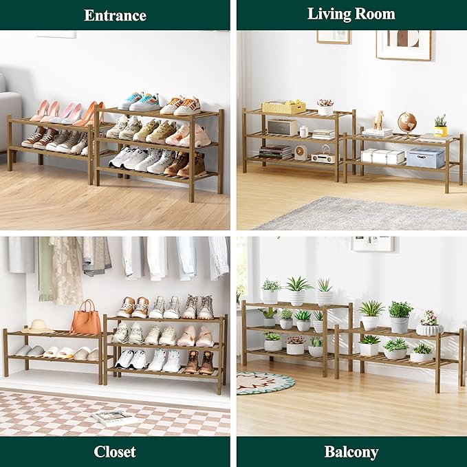 Smiry Bamboo Shoe Rack for Closet, 4 Tier Wooden Stackable Shoe Organizer, Free Standing Shoes Storage Shelf for Entryway, Front Door Entrance, Walnut