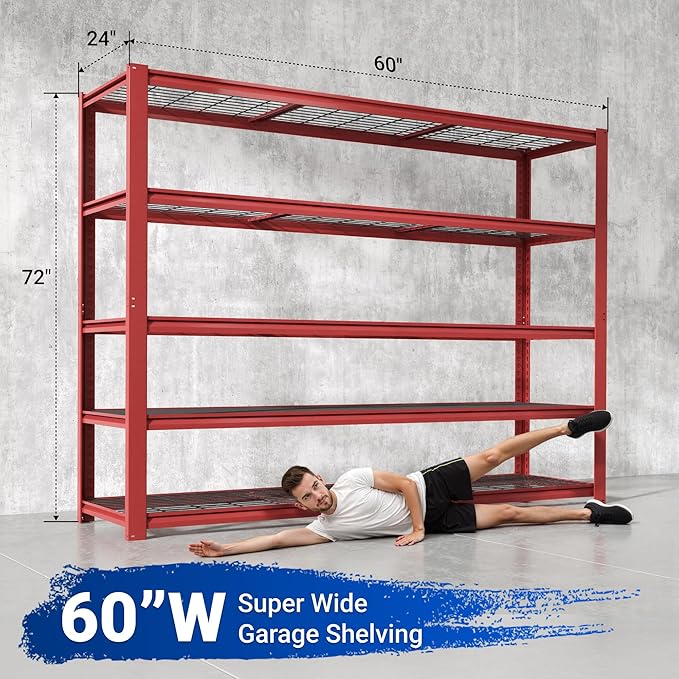 FLEXIMOUNTS 2 Pack 60" W Garage Shelving, 5 Tier Storage Shelves Load 1500LBS, Adjustable Garage Shelving Heavy Duty, Metal Shelves Unit for Basement, Warehouse, 60" W x 72" H x 24" D, Red