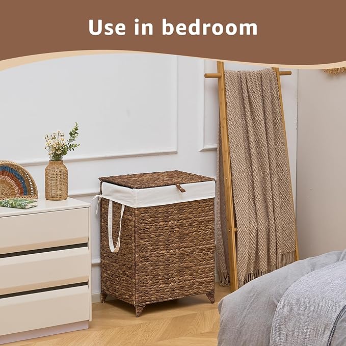 Laundry Hamper with Lid and Removable Liner Bag, Handwoven Natural Hyacinth Clothes Hamper with Heightened Feet, Wicker Laundry Basket for Clothes and Towels，Middle