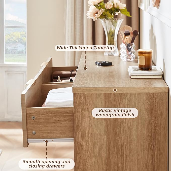 LEYAOYAO Fluted 6 Drawers Dresser, 48" Wide Modern Chest of Drawers with Woodgrain Top, Curved Profile Design, Dresser TV Stand, Wood Drawer Organizer for Bedroom, Living Room, Hallway,Wood