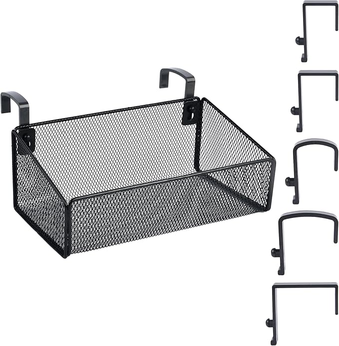 Bedside Shelf for Bed & Bunk Bed Storage Basket Office Cubical Wall Hanging Organizer - 5 Different Size Hooks - College Dorm Home Office Essentials for Phone,Book,Drink,Tissue (Black)