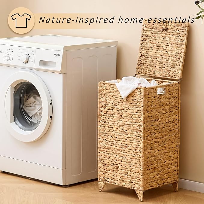 Handwoven Laundry Hamper with Lid, Natural Hyacinth Heightened Feet Laundry Basket, Wicker Clothes Hamper with Removable Liner Bag