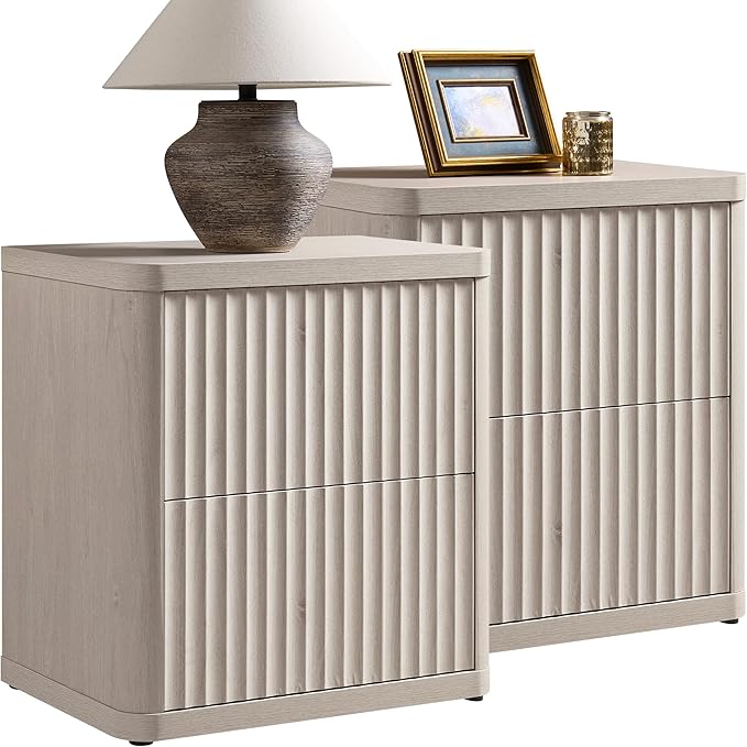 SICOTAS Night Stand Set of 2 Nightstands with 2 Drawers Storage Bedside Table Large Fluted Bed Side End Table Modern 24.4" Tall Wide Night Stands for Bedroom Living Room Sofa Couch Office, White Alder
