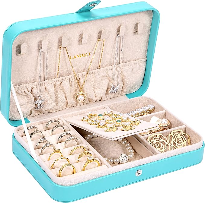 LANDICI Small Jewelry Box for Women Girls, PU Leather Travel Jewelry Organizer Case, Portable Jewellery Storage Holder Display for Ring Earrings Necklace Bracelet Bangle Watch Men Kids Gift, Lake Blue