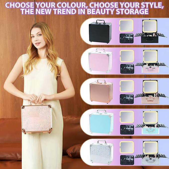 Makeup Organizer Box with Detachable Lighted Mirror, Travel Train Cosmetic Case, Adjustable Divider Storage Bag, Portable Artist Storage Suitcase with Magnetic LED Mirror - Star White