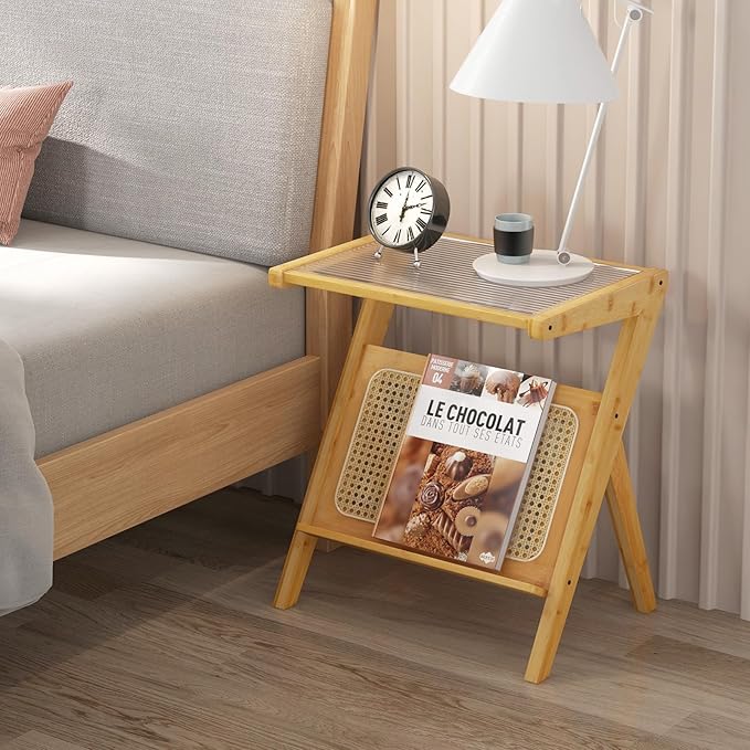 GOFLAME Rattan Side Table Set of 2, Z-Shaped End Table with Tempered Glass Top, Magazine Rack, Boho Night Stand, Small Coffee Table, Bamboo Accent Bedside Table for Living Room, Bedroom, Natural