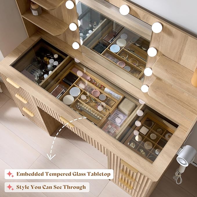 AMERLIFE 47.2" Fluted Vanity Desk with Mirror and Adjustable LED Lights, Large 7 Drawers Makeup Table with Glass Top and Charging Station for Women and Girls, Bedroom or Dorm, Natural Oak
