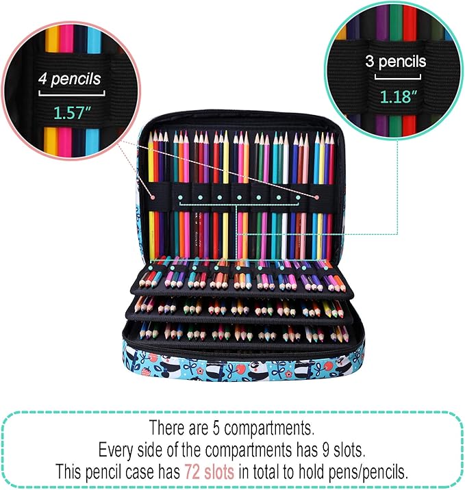 JAKAGO 220 Slots Colored Pencil Case Large Capacity Pen Holder for Artist Painter Zipper Organizer Bag for Marker Highlighter Storage Case for Office Sketch Travel Supplies (Panda)