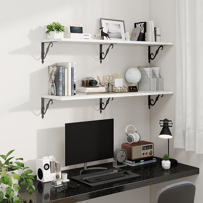 Fun Memories Large Floating Shelves for Wall 48 Inches Long, 12 Inch Deep Shelves with Metal Bracket, 48 Inch Floating Shelves Wall-Mounted, Wide Display & Storage Bookshelves, White, Set of 2