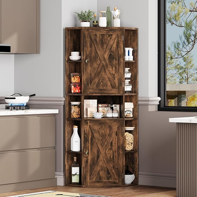 Farmhouse Corner Cabinet, Tall Corner Storage Cabinet with Barn Doors and Adjustable Shelves Wooden Display Bookshelf Pantry Cabinets Organizer Home Furniture for Bathroom, Living Room