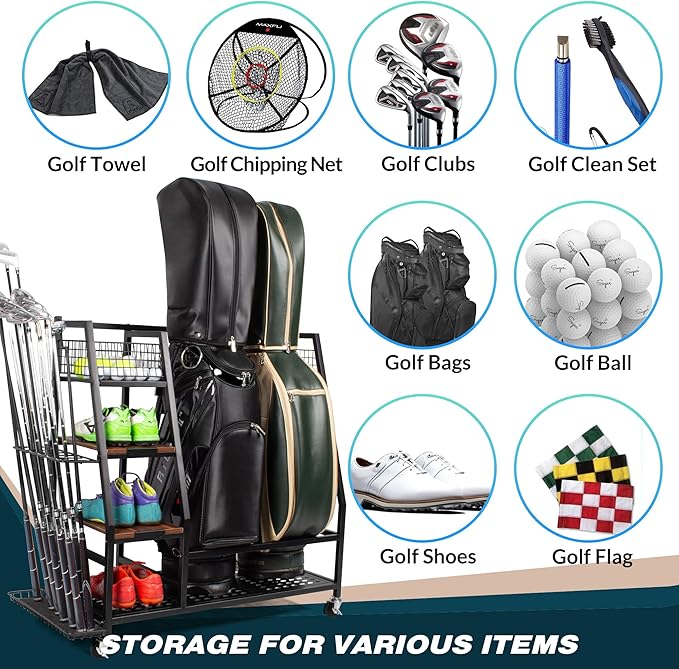 Golf Bags Storage Garage Organizer, Golf Bag Rack Fits 2/3 Golf Bags and Golf Equipment Accessories, Golf Club Storage Stand with Wooden Shelf and Lockable Wheels for Garage Indoor Basement