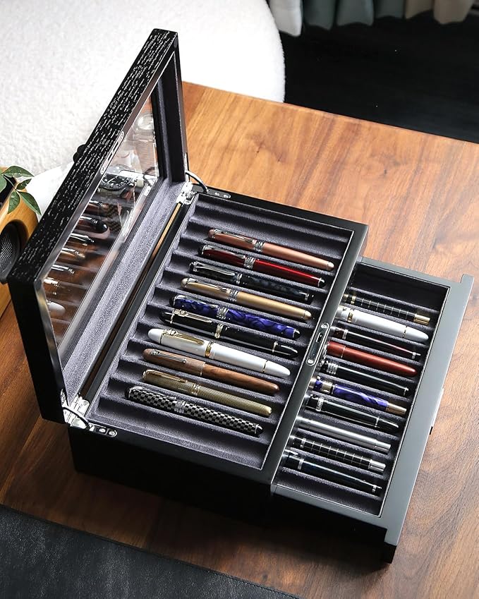 Wood Pen Display case 24 Slot Fountain Pen Box Storage Organizer with Drawer, Top Glass Window Pen Collection Display Case