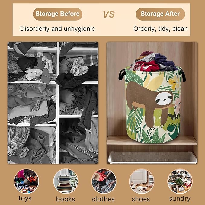Laundry Hamper,Cute Funny Sloth Laundry Basket,Palm Leaf Waterproof Oxford Cloth Storage Basket with Handle for Clothes Books Nursery Home Storage Sundries 16"x20"
