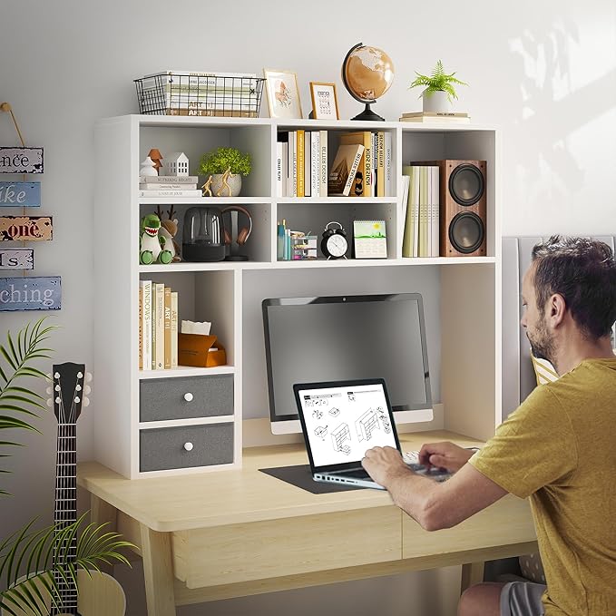 REIBII Desktop Bookshelf,Adjustable Desktop Organizer,High-Capacity Desk Hutch Organizer with 7 Shelves and 2 Drawers for Computer Desk,Desk Shelf for Top of Desk, Desk Hutch Dorm, White