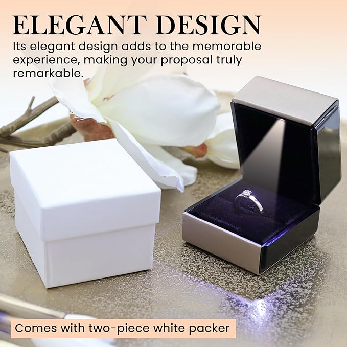 Novel Box Square Shaped Gold Ring Box With LED Light 2.25X2X2.5 Inches - Jewelry Ring Case Best for Jewelry Displays - Gift Boxes for Mother's Day, Engagement, Anniversary & more Happy Occasions