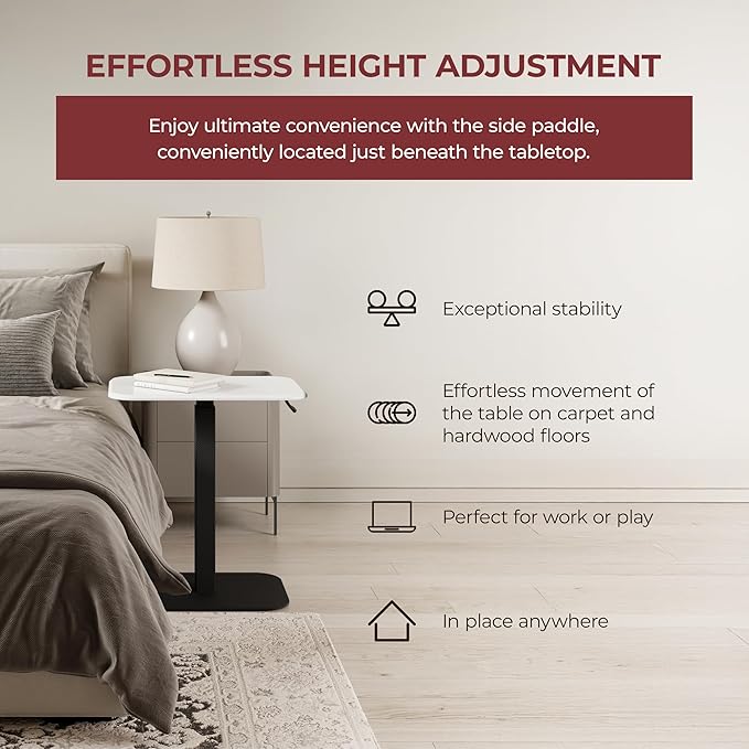 Ergohome™ ELEVANCE Table™ Height Adjustable Side Table for Couch or Bed, Laptop Table - End Table Office Coffee Accent Table - Precision Engineering for Superior Stability (Black Base Cloud Top)