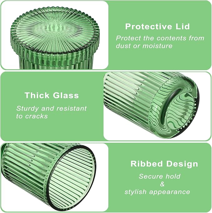 2 Pack Glass Qtip Holder with Lid, Qtip Dispenser Bathroom Storage Jars- Glass Apothecary Jars for Cotton Ball, Swab, Pads, Floss Picks, Bathroom Accessories Organization and Vanity Organizer(Green)
