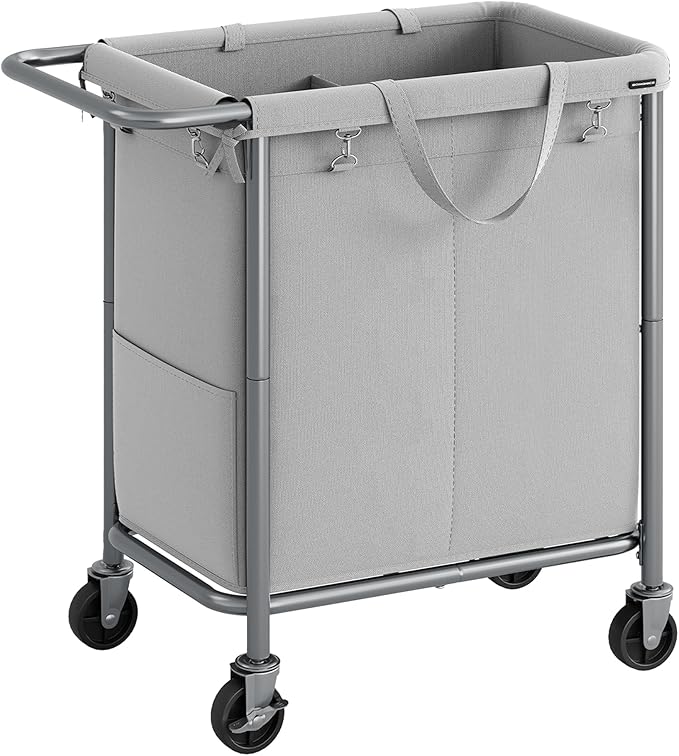 SONGMICS Laundry Basket with Wheels, 2-Section Rolling Laundry Hamper, 37 Gallons (140 L), Removable Liner, Steel Frame with Handle, 27.2 x 15.4 x 31.9 Inches, Dove Gray URLS004G01