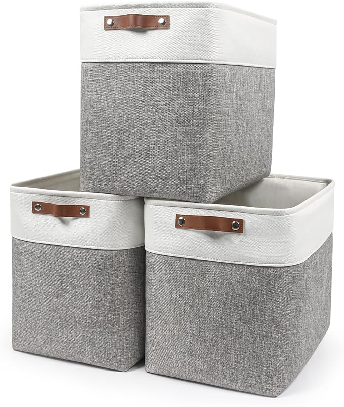Large Fabric Storage Baskets | 50L Storage Bins, Decorative Linen Closet Baskets with Handles for Organizing, Shelf, Toys, Clothes, Home, Office, Nursery, 17x12x15Inches (Grey&White)