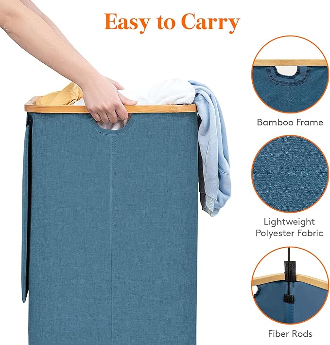 Lifewit 100L Laundry Basket with Lid, Clothes Hampers for Laundry with Bamboo Handles and A Removable Bag, Large Foldable Laundry Hamper for Bedroom, Bathroom, Dorm, Laundry Room, Dark Blue