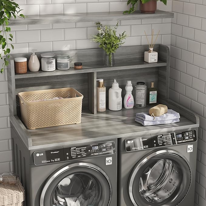 2-Tier Washer Dryer Countertop, 18.5" Raised Height Laundry Countertop with Edge Rails and Non-Slip Pad, 54"W x 27.55"D Washer and Dryer Topper for Laundry Room Storage Organization (Stripe Gray)