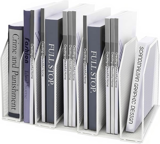 Adjustable Desk File Organizer,Detachable Office Folder Organizer,Compact Vertical Desk File Holder,Wrought Iron Paint,Suitable for Home, School, Office Classrooms (White - 7 grids)