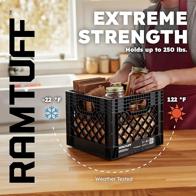 Ramtuff 4 Pack Storage Milk Crate, Durable Plastic Home Organizers, Stackable Box Set with Reinforced Handles, 250 lb Load Capacity, Black