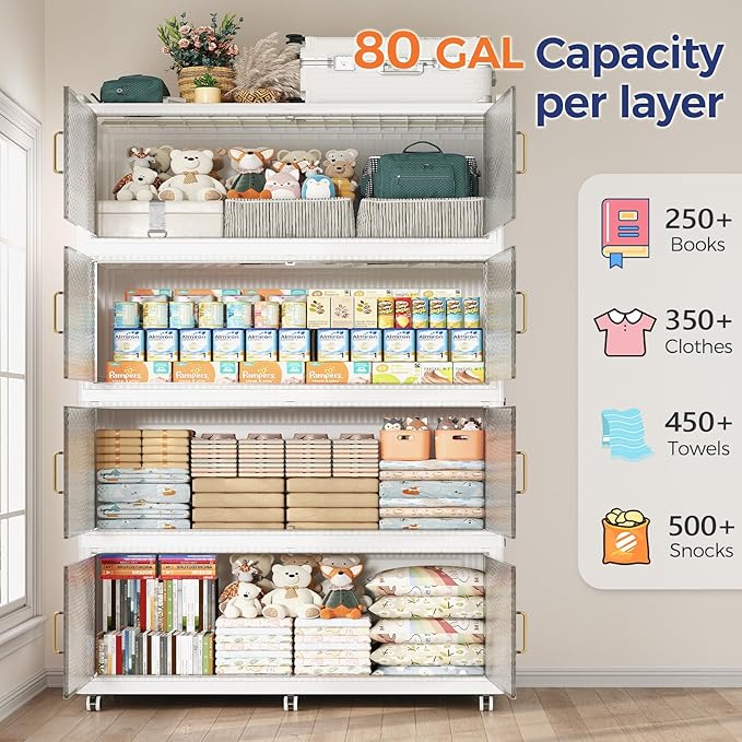 320 Gallon Extra Large Collapsible Storage Bin with Lid, 960QT Stackable Plastic Organizer with 6X Wheels, Foldable Drawer Cabinet for Closet, Living Room Office, Kitchen 4Pack, White