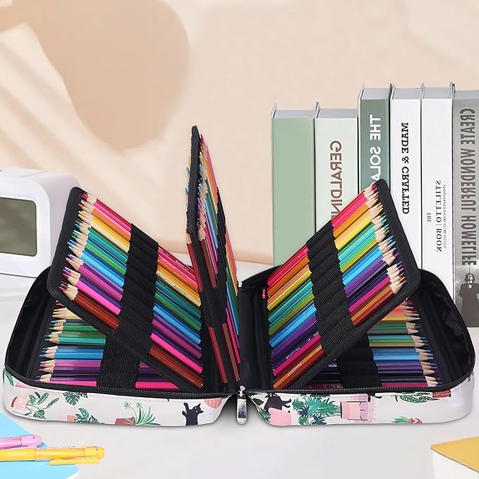 JAKAGO 220 Slots Colored Pencil Case Large Capacity Pen Holder for Artist Painter Zipper Organizer Bag for Marker Highlighter Storage Case for Office Sketch Travel Supplies (Green Plant Cat)