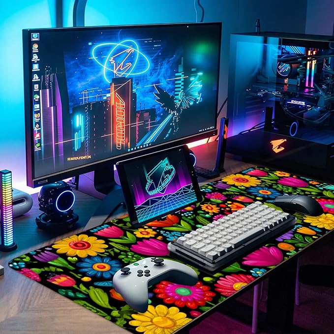 Folk Art Floral Mouse Pad – Large Extended Desk Mat 31.5 x 11.8 in– Colorful Boho Flowers on Black Background, Waterproof Surface, Non-Slip Rubber Base, Oversized Mouse & Keyboard Pad